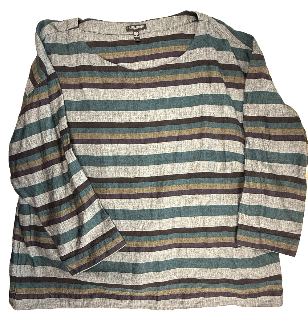 Eileen Fisher Organic Linen Striped Boxy Top Bateau Neck Teal Brown Gray 2x